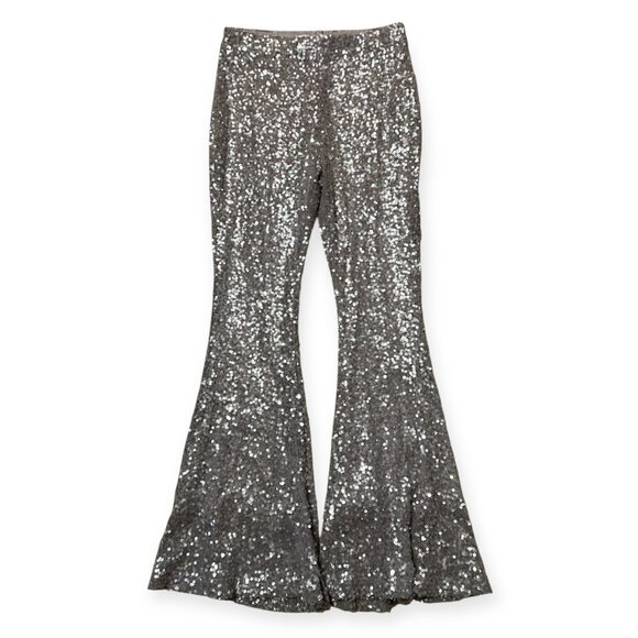 Avec Les Filles Silver Sequin Flare Pants M High Waist Party Glam Stretch Lined - Picture 2 of 9